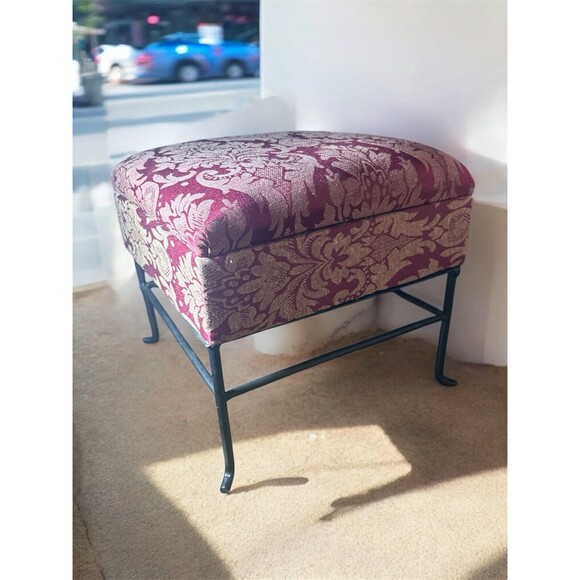 Upholstered Stool With Lid Burgundy Beige Damask Pattern Black Metal Legs Vtg 04